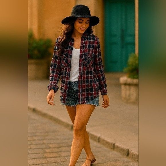 Mudd Women's XL Plaid Shirt Burgundy Button Up Pockets Casual Long Sleeve Fall - Picture 1 of 8